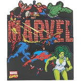 UK Greetings Marvel Retro Pop-up Birthday Card featuring Iron Man, She-Hulk, and Spider-Man with colorful superhero design.