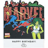 UK Greetings Marvel Retro Pop-up Birthday Card featuring Iron Man, She-Hulk, and Spider-Man with vibrant superhero design.