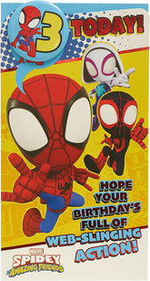 UK Greetings Marvel Spider-Man 3rd birthday card with badge featuring Spider-Man artwork, suitable for celebrating a child's birthday.