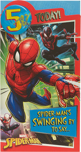 UK Greetings Marvel Spider-Man 5th birthday greeting card with badge featuring Spider-Man illustration for kids' birthday celebration.