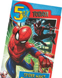 UK Greetings Marvel Spider-Man 5th birthday greeting card with badge featuring Spider-Man illustration and colorful birthday design.