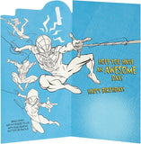 UK Greetings Marvel Spider-Man 5th birthday card featuring Spider-Man illustration and a badge on the front.