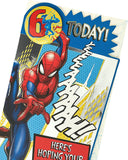 UK Greetings Marvel Spider-Man 6th birthday greeting card with badge featuring Spider-Man and colorful birthday design.