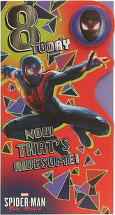 Marvel Spider-Man 8th birthday greeting card by UK Greetings featuring Spider-Man in action for kids' birthday celebrations.