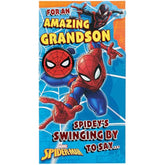 Marvel Spider-Man birthday greeting card for grandson with envelope and badge, featuring colorful Spider-Man design, 121x229 mm.