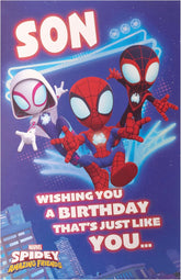 UK Greetings Marvel Spider-Man birthday greeting card for son featuring a cool design with Spider-Man in action.