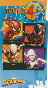 Marvel Spider-Man birthday greeting card by UK Greetings featuring Spider-Man image and a badge, perfect for kids' celebrations.