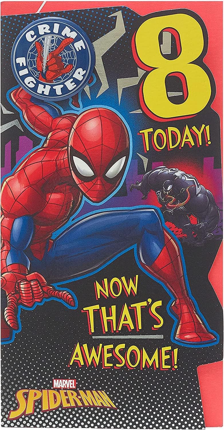 Marvel Spiderman 8th birthday greeting card by UK Greetings featuring Spiderman in action on colorful comic-style background.