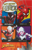 Marvel Spiderman birthday greeting card by UK Greetings featuring Spiderman swinging through a colorful comic book background.