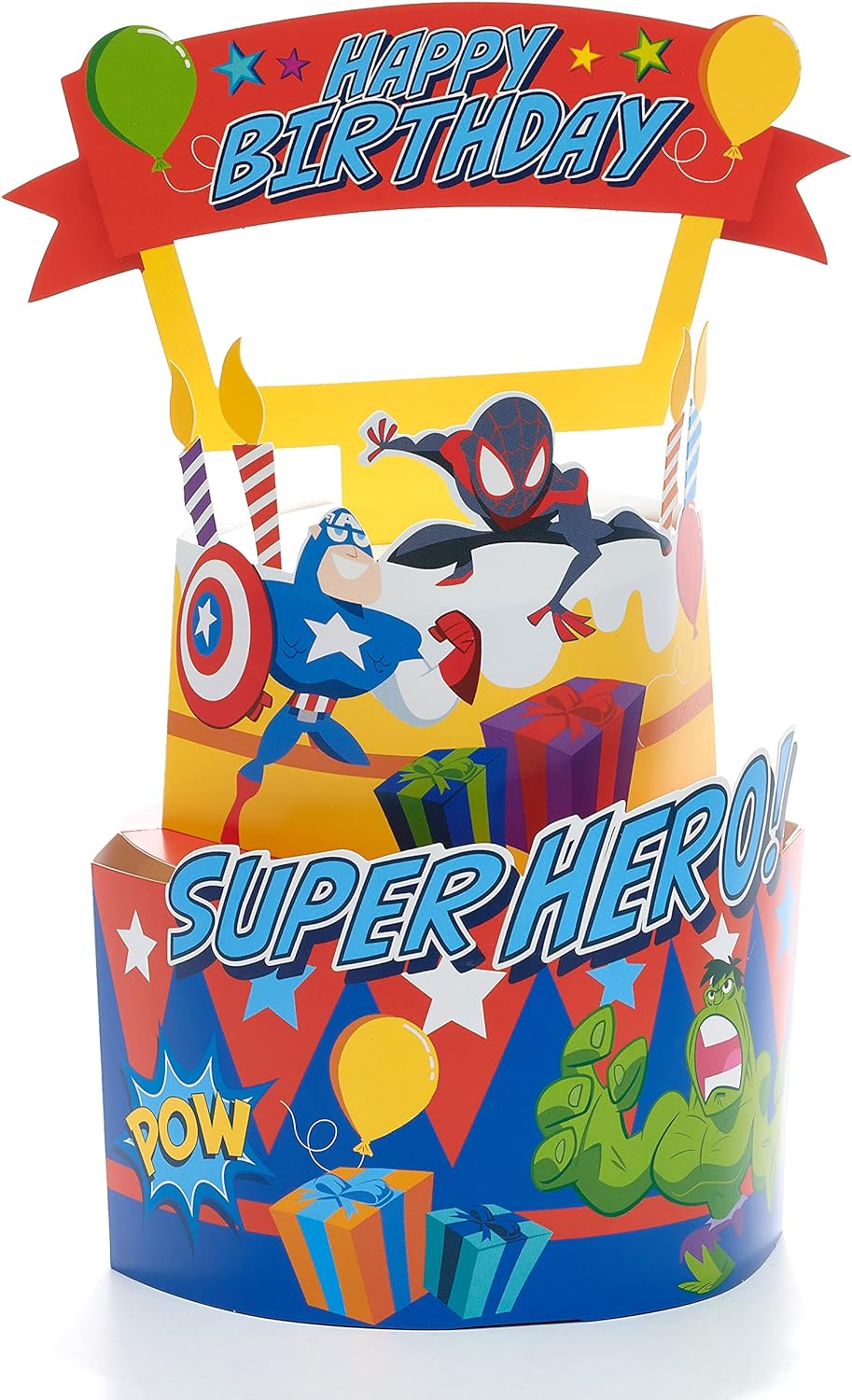 UK Greetings Marvel Spiderman Fun Hero pop-up birthday greeting card featuring Spiderman in a dynamic pose.