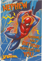 UK Greetings Marvel Spiderman Nephew birthday greeting card featuring Spiderman illustration for a special birthday message.