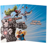 UK Greetings Marvel Avengers birthday card for son with red and split design featuring Marvel superhero characters.