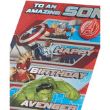 UK Greetings Marvel Avengers birthday card for son featuring a bold red split design with superhero imagery.