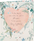 UK Greetings Mother’s Day card with envelope, featuring a heart and leaves design, measuring 159 x 184mm.