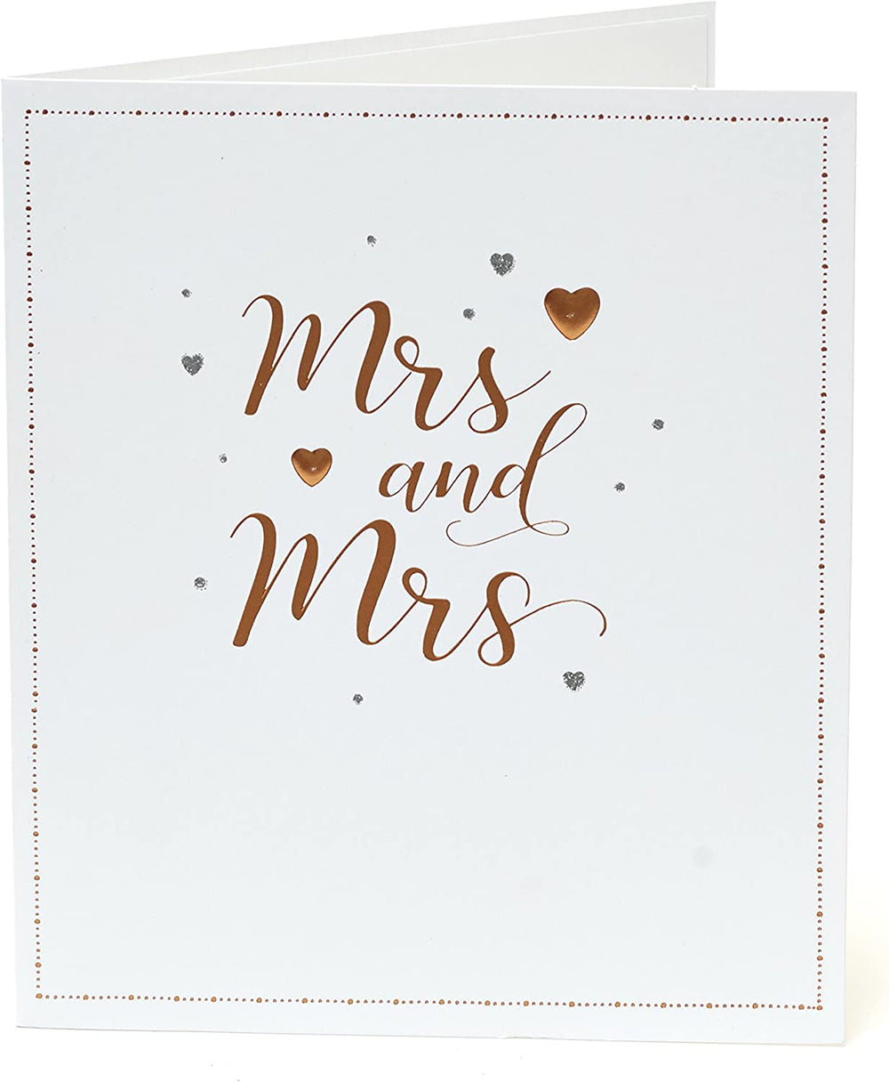 UK Greetings Mrs and Mrs same-sex wedding congratulations card featuring colorful floral design and elegant lettering.