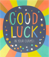 UK Greetings multicolour design good luck exam greeting card with festive patterns and cheerful message, suitable for students.