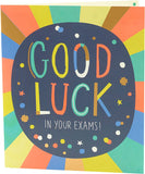UK Greetings multicolour exam good luck greeting card with cheerful design and handwritten-style message for students.