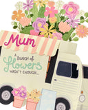 UK Greetings Mum 3D Pop-Up Flower Van birthday card featuring a colorful floral design and a charming van illustration.