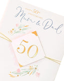 UK Greetings Mum and Dad 50th Golden Anniversary greeting card featuring elegant gold accents and heartfelt message design.