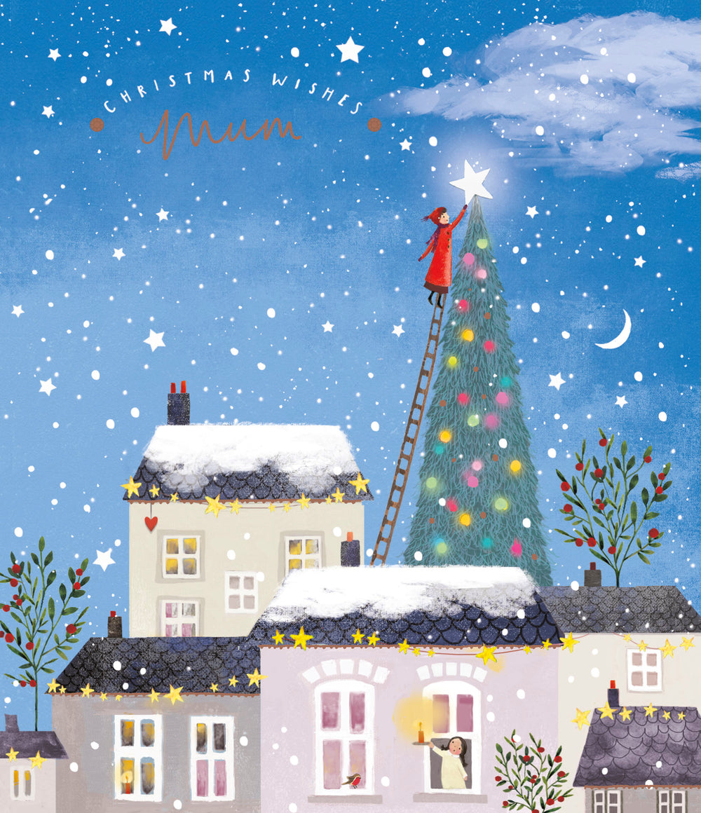 UK Greetings Mum Christmas card featuring a festive scenic design with Christmas trees and houses, perfect for holiday greetings.