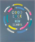 UK Greetings Neon Pencils New School Good Luck Card showing colorful neon pencil illustrations on a greeting card.