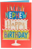 UK Greetings Nephew birthday card featuring a cake with candles, perfect for celebrating special occasions with a cheerful greeting.