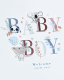 UK Greetings New Baby Boy Card featuring a cute letter design, perfect for celebrating a new arrival with charming greeting card artwork.