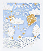 UK Greetings New Baby Boy Card with intricate lasercut design, featuring a heartfelt greeting for a newborn boy.