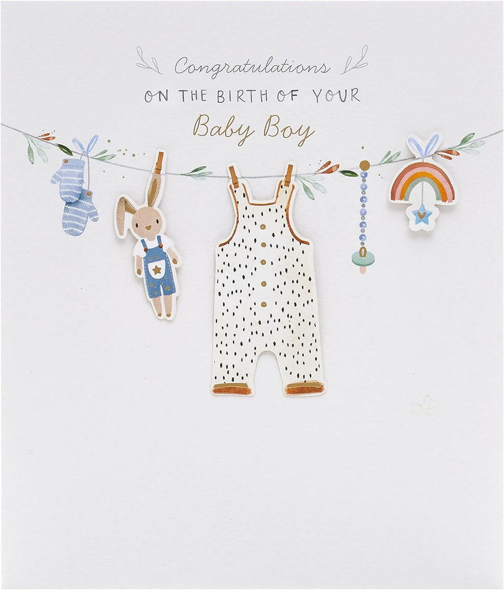 UK Greetings New Baby Boy greeting card featuring a washing line design with cute baby clothes and cheerful illustrations.