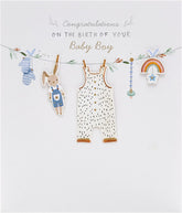 UK Greetings New Baby Boy greeting card featuring a washing line design with cute baby clothes and cheerful illustrations.
