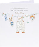 UK Greetings New Baby Boy greeting card featuring a washing line design with colorful baby clothes hanging.