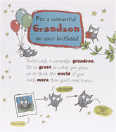 UK Greetings birthday card featuring an owl illustration and sentimental verse for grandson, perfect for celebrating special occasions.