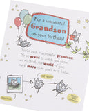 UK Greetings owl illustration birthday card for grandson with sentimental verse, featuring colorful owl artwork and heartfelt message.