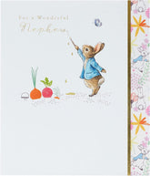 UK Greetings Peter Rabbit birthday greeting card for nephew, featuring colorful illustrations and festive design.