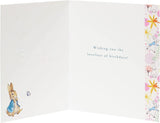 UK Greetings Peter Rabbit birthday card for nephew, featuring colorful illustrations of Peter Rabbit on a cheerful greeting card.