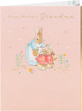 UK Greetings Peter Rabbit Grandma birthday greeting card featuring colorful illustrations of Peter Rabbit and floral designs.