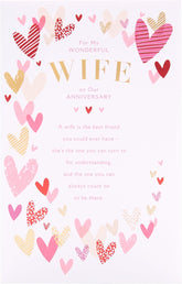 Pink and gold hearts anniversary greeting card by UK Greetings for wife, featuring romantic design and heartfelt message.