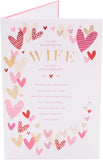 UK Greetings pink and gold hearts anniversary greeting card for wife, featuring romantic heart design and elegant details.