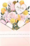 UK Greetings pop-up Nan Mother's Day card featuring colorful floral design and intricate paper craft, ideal for celebrating moms.