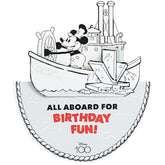 UK Greetings Pop Up Steamboat Willie Mickey Mouse birthday card featuring classic Mickey in a colorful, animated design.