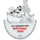 UK Greetings Pop Up Steamboat Willie Mickey Mouse birthday card featuring classic Mickey in a colorful, animated design.