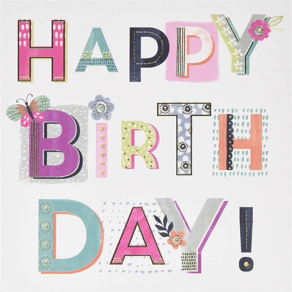 UK Greetings Pretty Birthday Card for Her with cheerful "Happy Birthday" lettering, featuring floral and decorative designs.