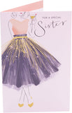 UK Greetings Pretty Dress Design Sister Birthday Card featuring colorful floral illustrations and elegant script for celebrating sisters.