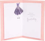 UK Greetings Pretty Dress Design Sister Birthday Card featuring colorful dress illustration and festive lettering.