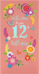 UK Greetings Pretty Flower 12th Birthday Card featuring colorful floral design and cheerful greeting for twelfth birthday celebrations.
