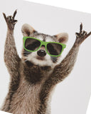UK Greetings raccoon design birthday greeting card featuring adorable raccoon illustration and colorful festive elements.
