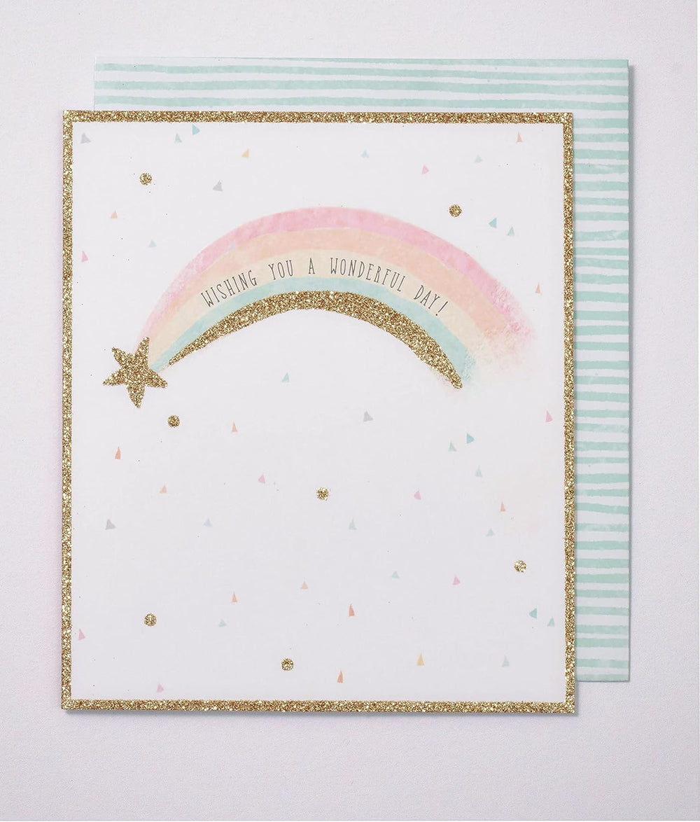 UK Greetings Rainbow Design Good Luck Card featuring colorful rainbow artwork and uplifting message, perfect for special occasions.