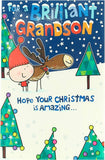 UK Greetings reindeer design Christmas card featuring a festive illustration, perfect for sending holiday wishes to your grandson.