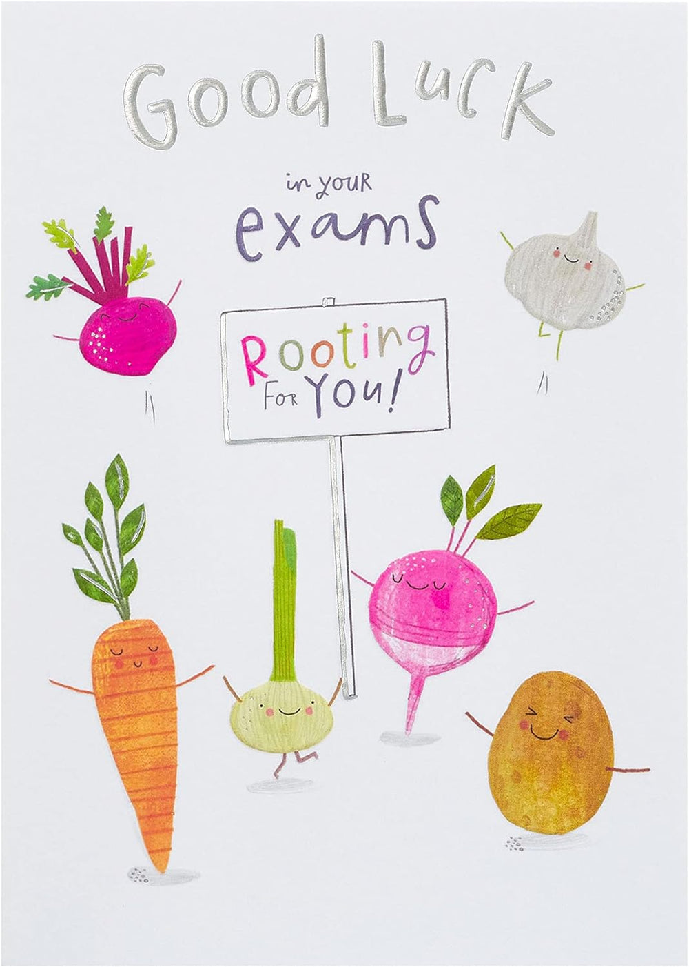 UK Greetings Rooting for You Good Luck Exams Card featuring colorful design and encouraging message for students taking exams.