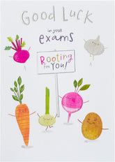 UK Greetings Rooting for You Good Luck Exams Card featuring colorful design and encouraging message for students taking exams.